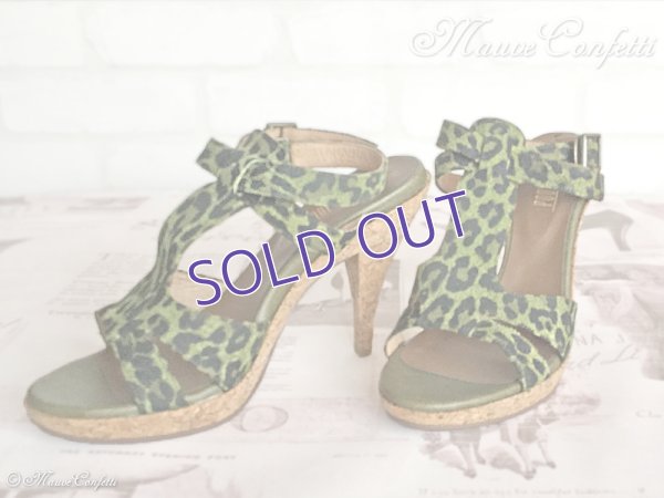 画像3: 【ユーズド品】レオパード柄クロスベルトヒールサンダル 24.5cm（黒×緑）＊POOL SIDE