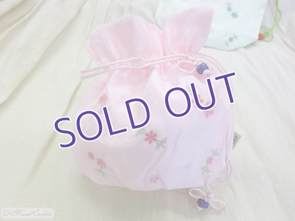 画像2:  *SALE* 【ユーズド品】花柄刺繍の巾着(ピンク) (2)